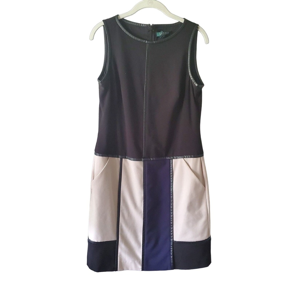 Lauren Ralph Lauren Size 8 Faux Leather Trim Colorblock Sleeveless Sheath Dress